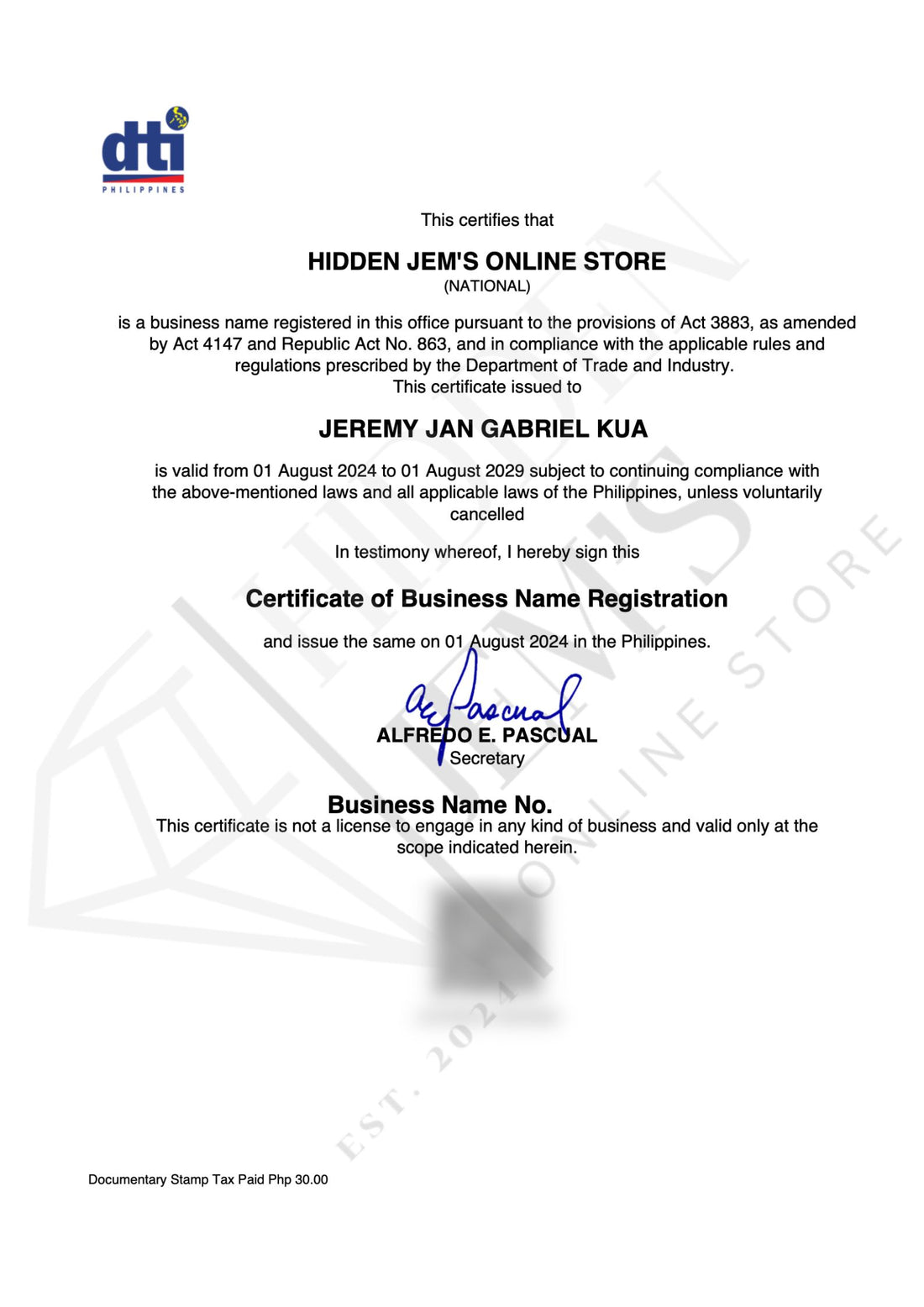 Hidden Jem's DTI Certificate Of Business Name Registration