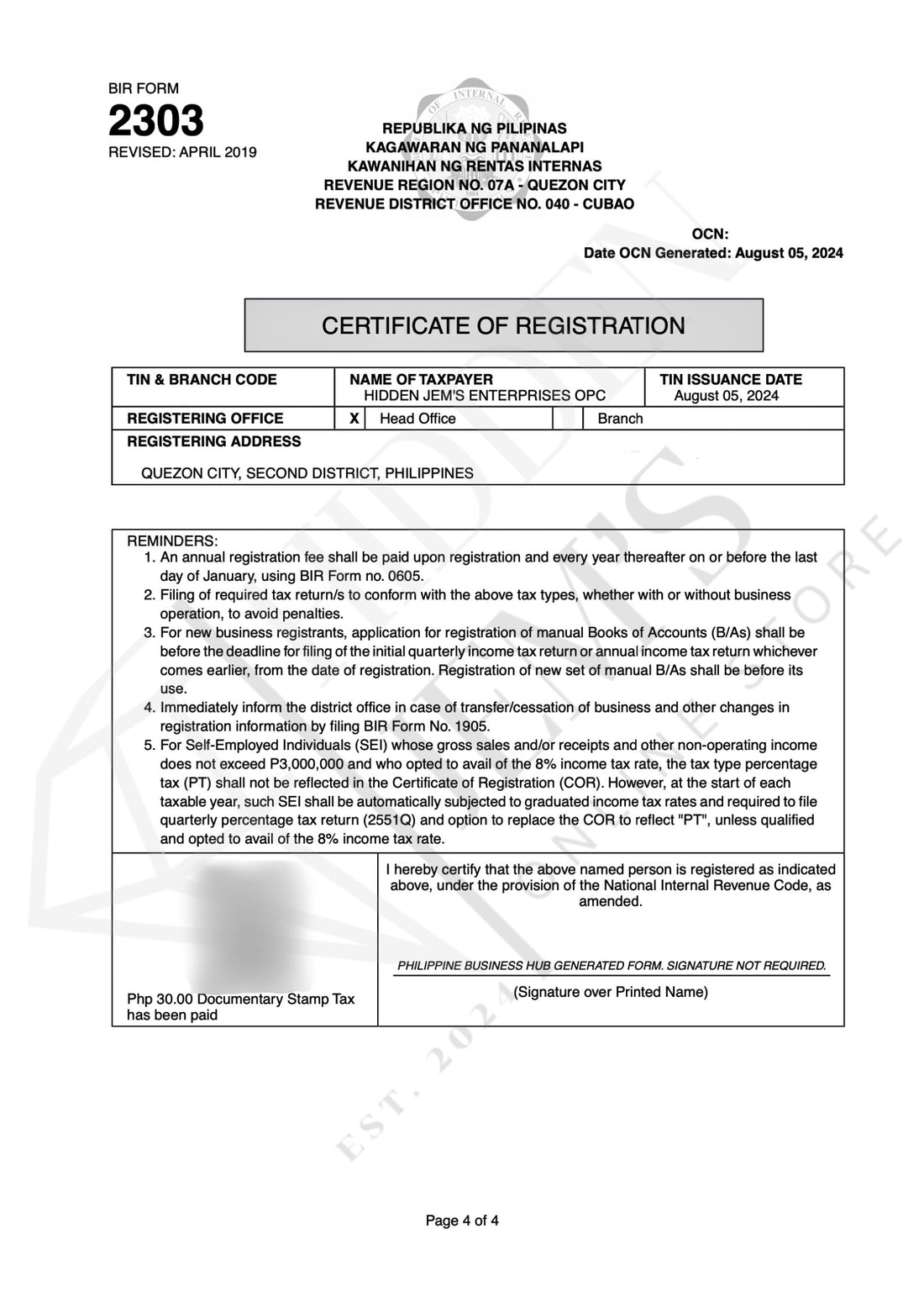 Hidden Jem's BIR Certificate Of Registration
